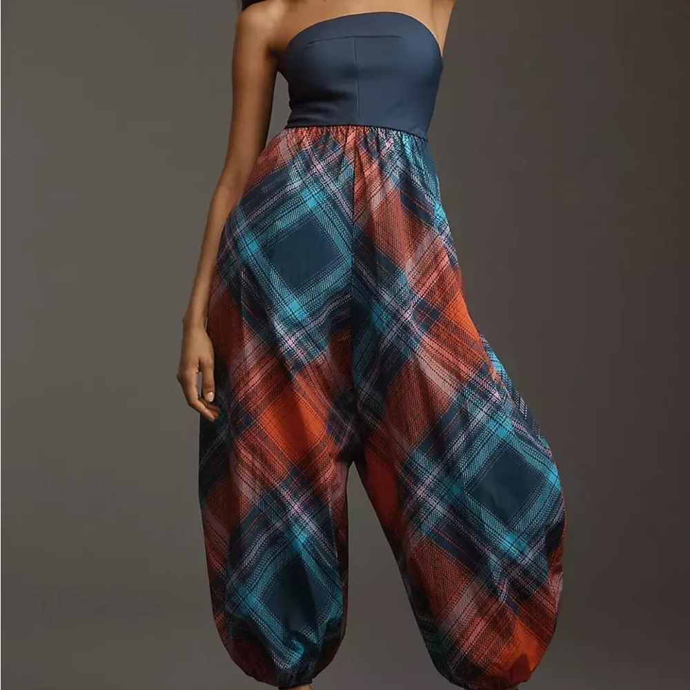 Strapless Plaid Harem Jumpsuit in Teal & Rust